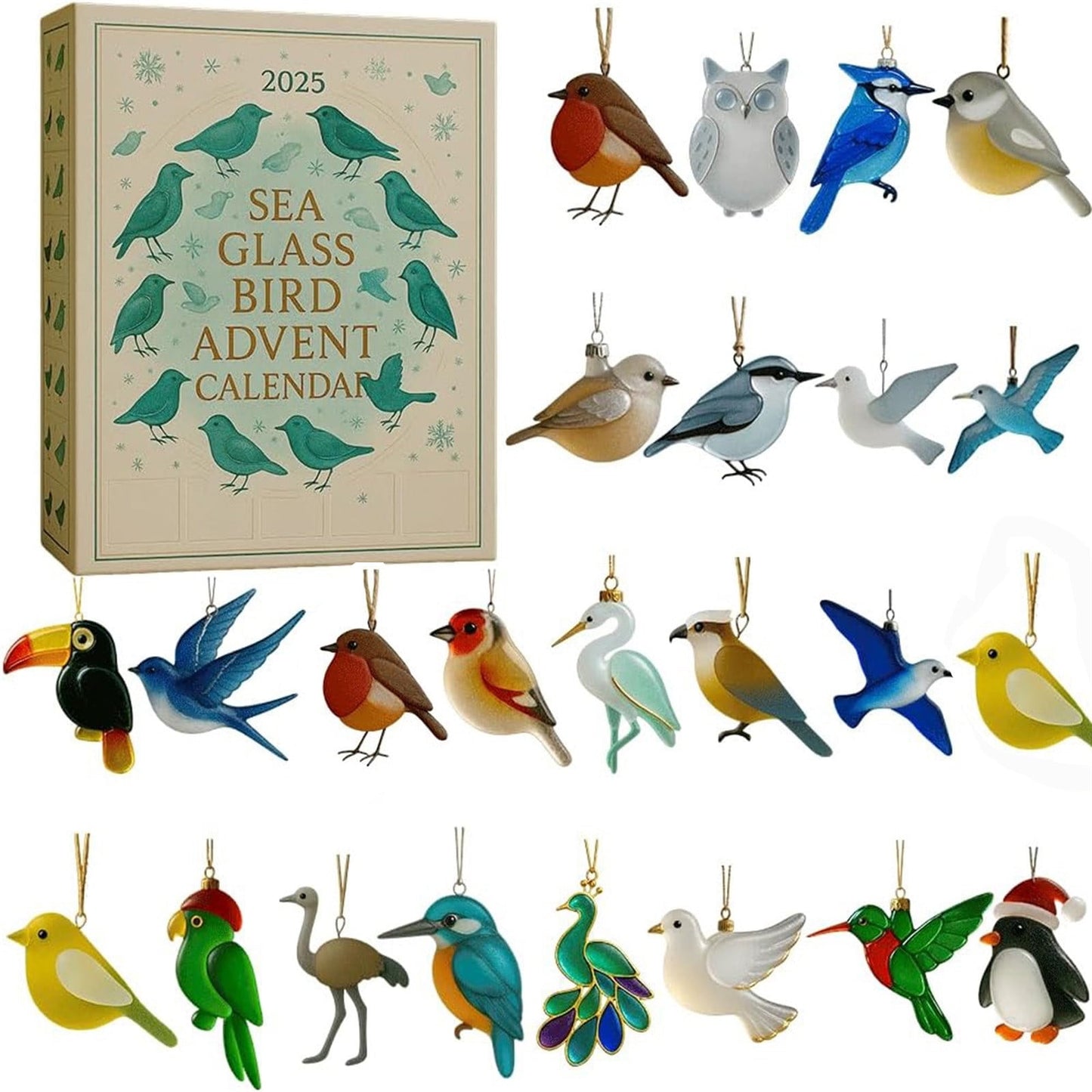 24Pcs Sea Glass Bird Advent Calendar 2025 - 24 Days Of Handcrafted Bird Ornaments, Natural Sea Glass Christmas Countdown Decor Collection