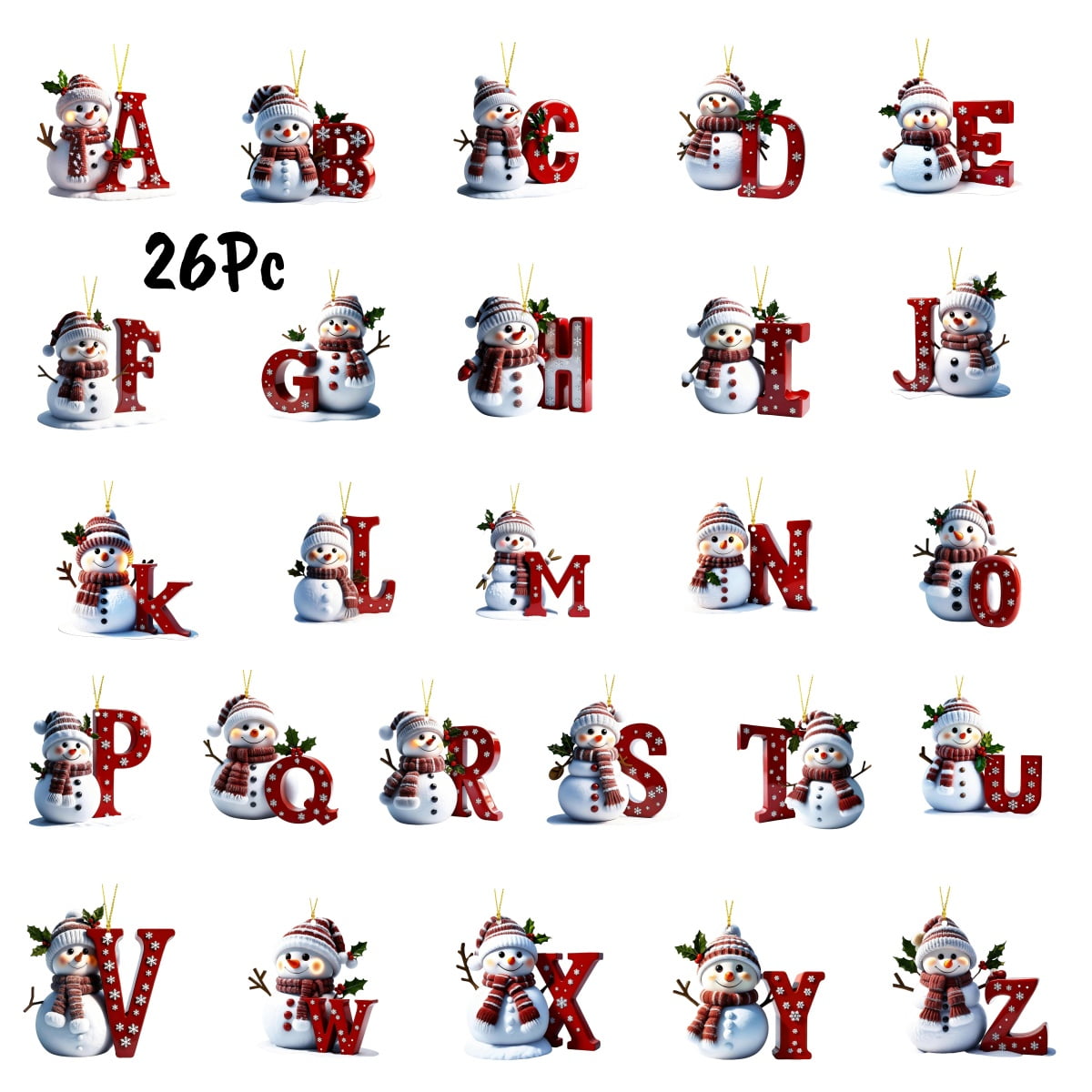 26Pc 26 Letters Snowman Ornaments,Snowman Christmas Ornaments, Christmas Letter Ornaments,Cute Flat Christmas Tree Letter Decoration Personalized Hanging Pendant, Indoor Diy Hanging Xmas Ornament