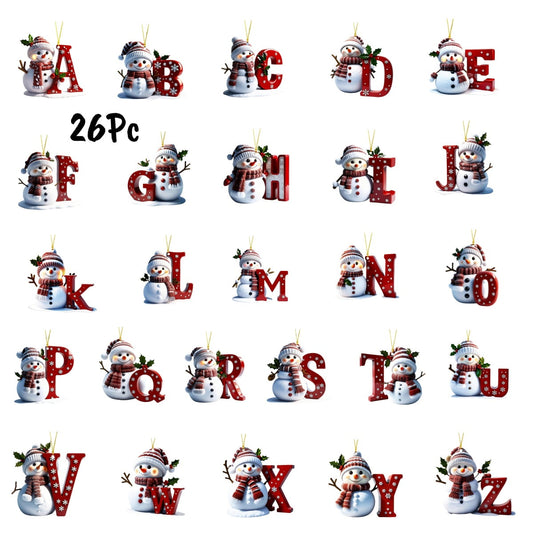26Pc 26 Letters Snowman Ornaments,Snowman Christmas Ornaments, Christmas Letter Ornaments,Cute Flat Christmas Tree Letter Decoration Personalized Hanging Pendant, Indoor Diy Hanging Xmas Ornament