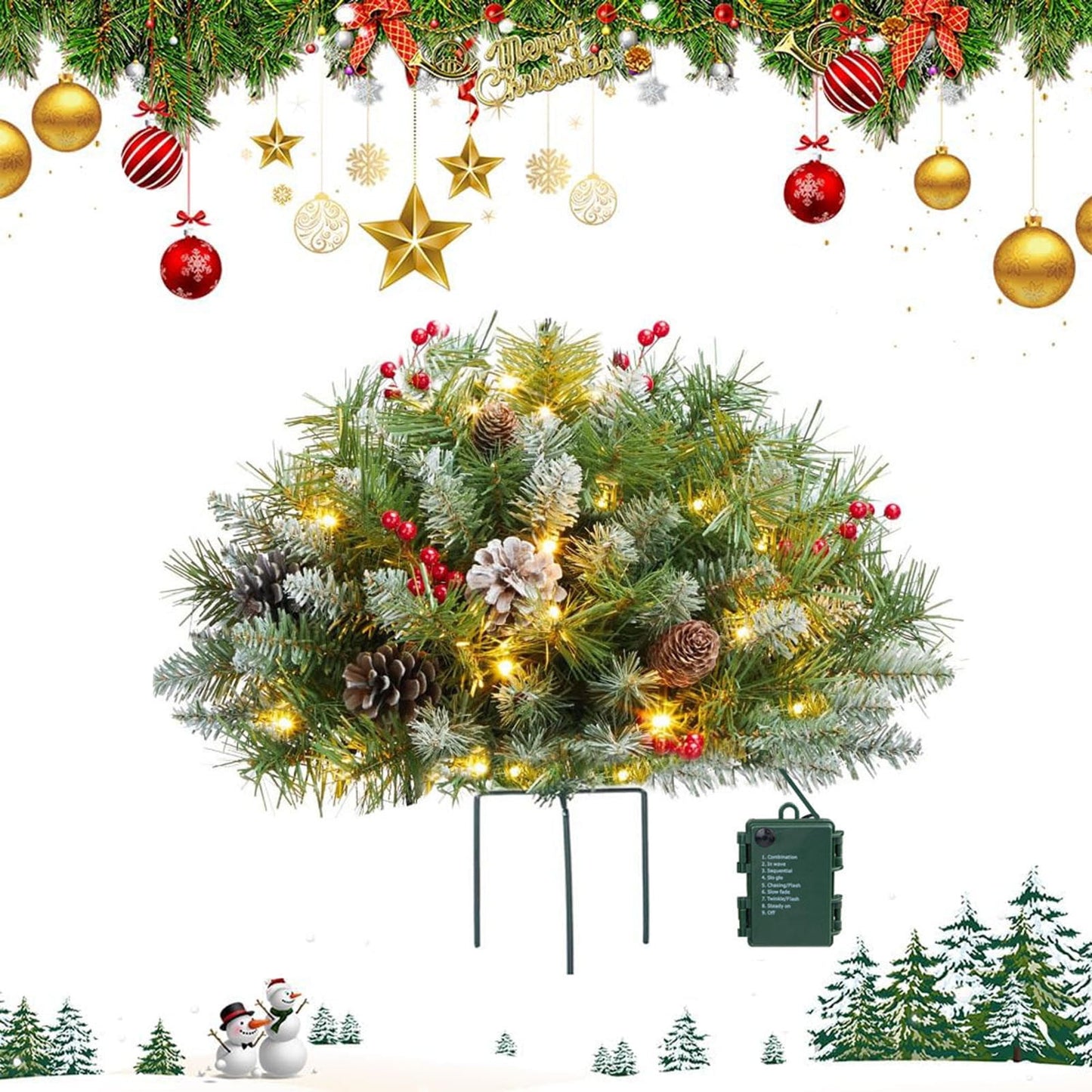 27*18 In Prelit Planter Bushes Christmas Porch Decorations With Tripod Stake Christmas Urn Filler,Round Half Stake Courtyard Christmas Tree,Holiday Planter Filler Christmas Planter Filler Outdoor