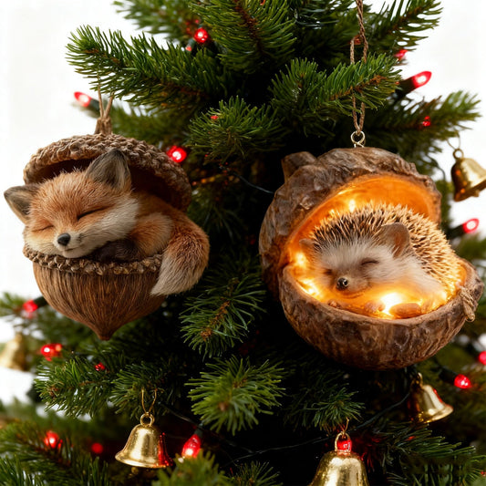 2Pc-Fox+Hedgehog 3D Forest Animal Acorn Ornaments ¨C Sleeping Cozy Forest Christmas Ornaments, Handcrafted Resin Hazelnut Ornaments, Forest Animal Christmas Ornaments