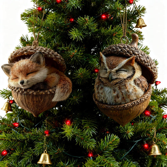 2Pc-Fox+Owl 3D Forest Animal Acorn Ornaments ¨C Sleeping Cozy Forest Christmas Ornaments, Handcrafted Resin Hazelnut Ornaments, Forest Animal Christmas Ornaments