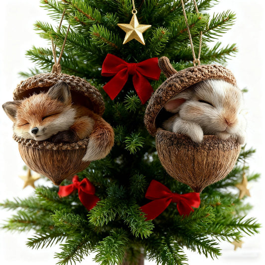 2Pc-Fox+Rabbit 3D Forest Animal Acorn Ornaments ¨C Sleeping Cozy Forest Christmas Ornaments, Handcrafted Resin Hazelnut Ornaments, Forest Animal Christmas Ornaments