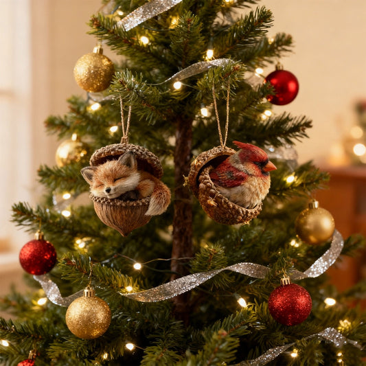 2Pc-Fox+Red Bird 3D Forest Animal Acorn Ornaments ¨C Sleeping Cozy Forest Christmas Ornaments, Handcrafted Resin Hazelnut Ornaments, Forest Animal Christmas Ornaments