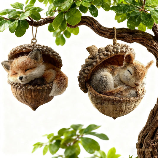 2Pc-Fox+Squirrel 3D Forest Animal Acorn Ornaments ¨C Sleeping Cozy Forest Christmas Ornaments, Handcrafted Resin Hazelnut Ornaments, Forest Animal Christmas Ornaments