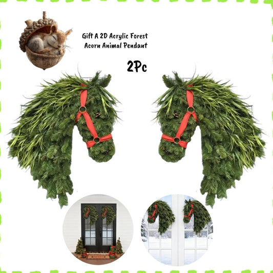 2Pc Handmade Horse Head Wreath,Horse Head Christmas Wreath,Equestrian Door Decor Horse Christmas Decorations For Front Door,Artificial Branch Decoration For Home Outdoor Garden