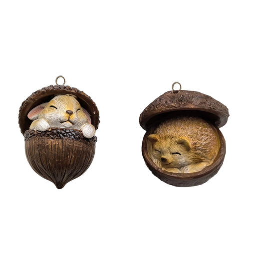 2Pc-Hedgehog+Rabbit 3D Forest Animal Acorn Ornaments ¨C Sleeping Cozy Forest Christmas Ornaments, Handcrafted Resin Hazelnut Ornaments, Forest Animal Christmas Ornaments