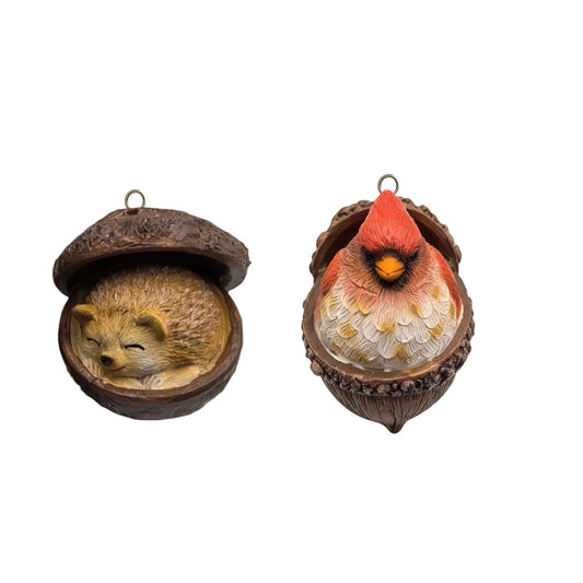 2Pc-Hedgehog+Red Bird 3D Forest Animal Acorn Ornaments ¨C Sleeping Cozy Forest Christmas Ornaments, Handcrafted Resin Hazelnut Ornaments, Forest Animal Christmas Ornaments