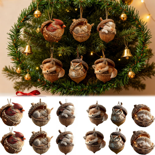 2Pc-Rabbit 3D Forest Animal Acorn Ornaments ¨C Sleeping Cozy Forest Christmas Ornaments, Handcrafted Resin Hazelnut Ornaments, Forest Animal Christmas Ornaments