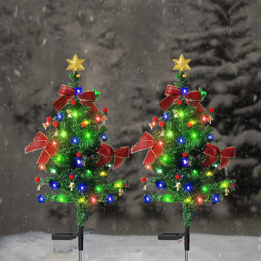 2Pc Solar Christmas Tree Outdoor Christmas Decorations, Solar Xmas Tree Lights With Led, Plug In Light Outdoor Garden Decor Light Waterproof Solar Christmas Lights For Yard Front Porch Pathway Decor