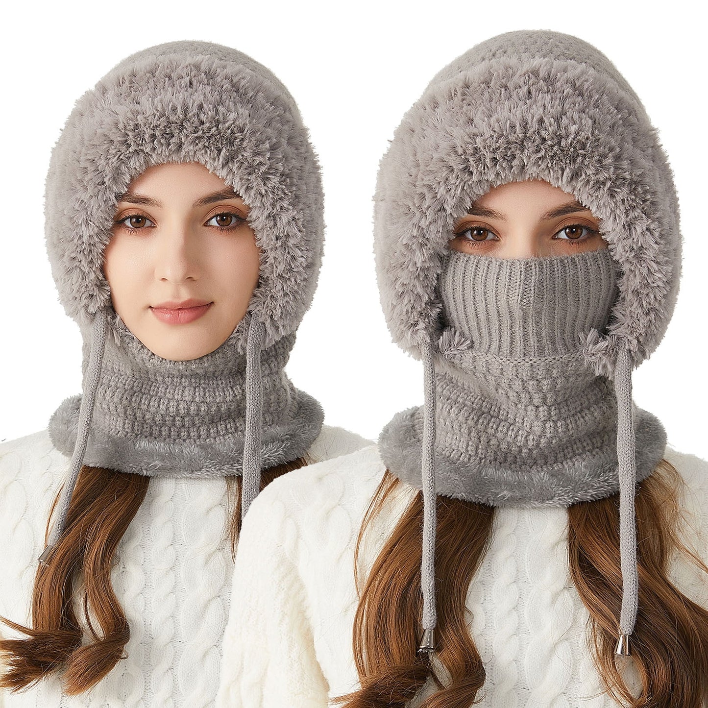 3 In 1 Beanie Hats For Women,Beanie For Womens Winter, 3 In 1 Knitting Hat With Scarf And Mask,Cold Knitted Hats Wind Resistant Hooded Scarf, Thick Plush-Lined,Fleece Lined Windproof Warmth For Women