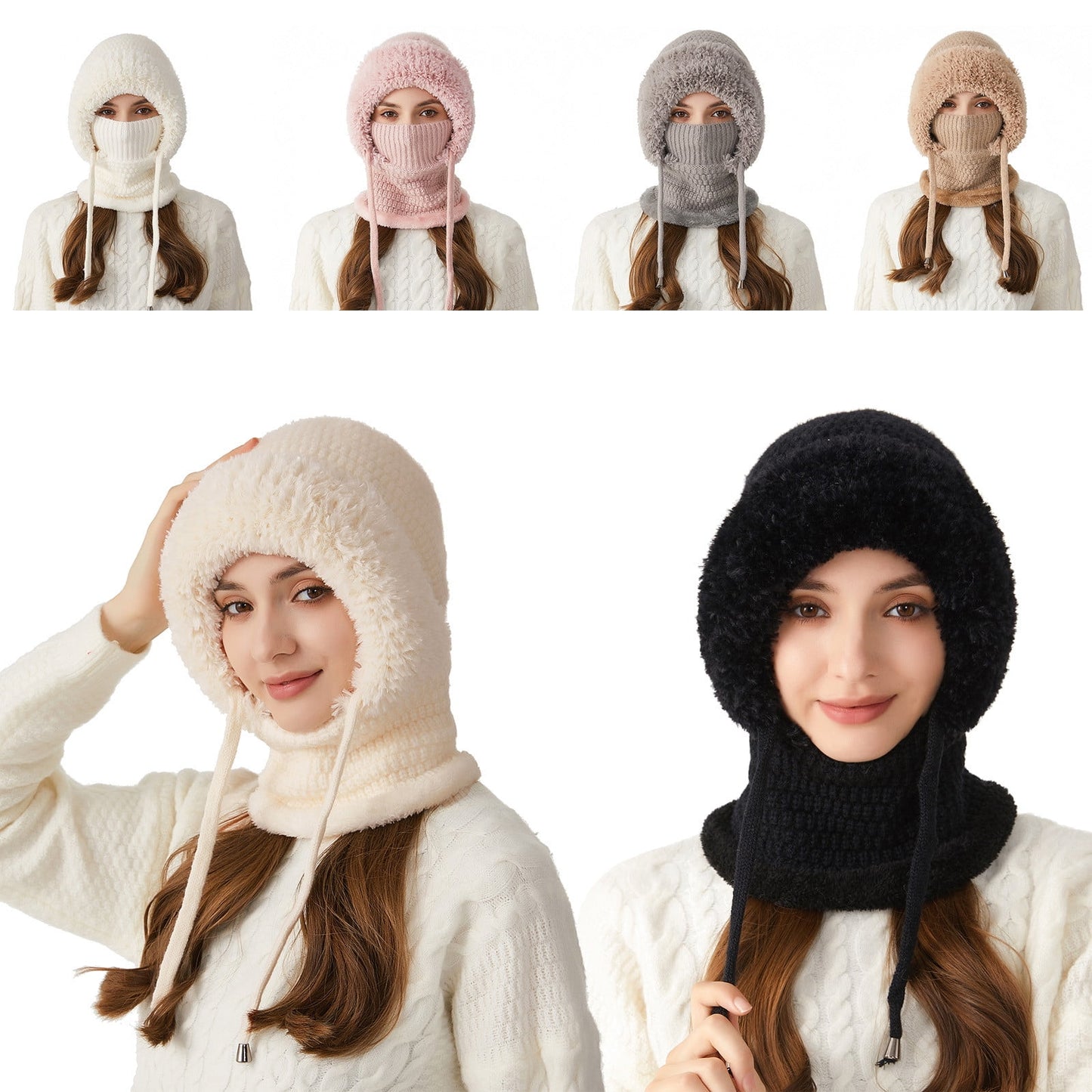 3 In 1 Beanie Hats For Women,Beanie For Womens Winter, 3 In 1 Knitting Hat With Scarf And Mask,Cold Knitted Hats Wind Resistant Hooded Scarf, Thick Plush-Lined,Fleece Lined Windproof Warmth For Women
