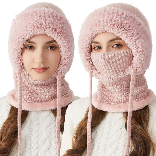 3 In 1 Beanie Hats For Women,Beanie For Womens Winter, 3 In 1 Knitting Hat With Scarf And Mask,Cold Knitted Hats Wind Resistant Hooded Scarf, Thick Plush-Lined,Fleece Lined Windproof Warmth For Women