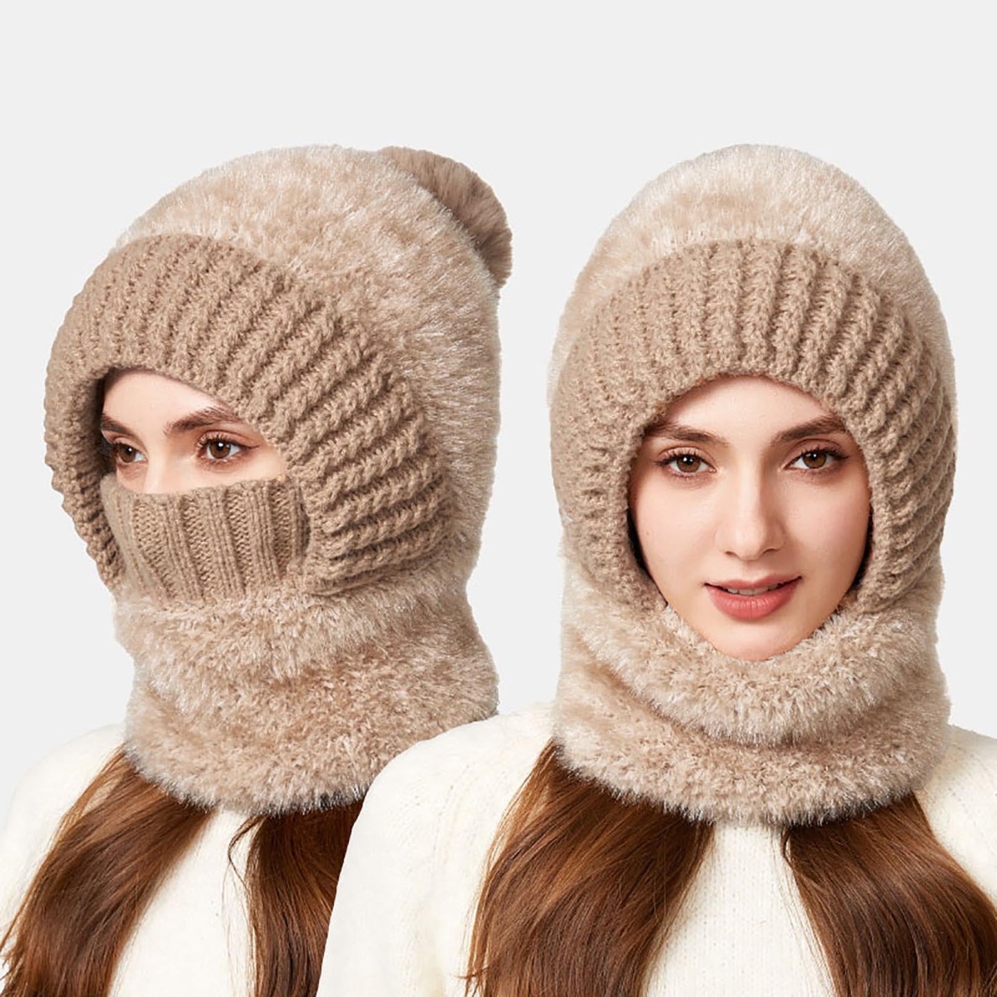 3 In 1 Hat Women Winter Beanie Hats One Piece Fleece Lined Knit Mask Set Skull Neck Circle Scarf Ski Snow Hat Pompom,Winter Knitwindproof Warmth For Women