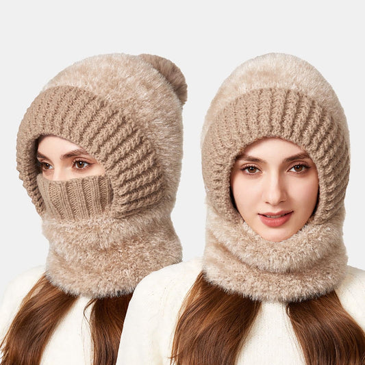 3 In 1 Hat Women Winter Beanie Hats One Piece Fleece Lined Knit Mask Set Skull Neck Circle Scarf Ski Snow Hat Pompom,Winter Knitwindproof Warmth For Women