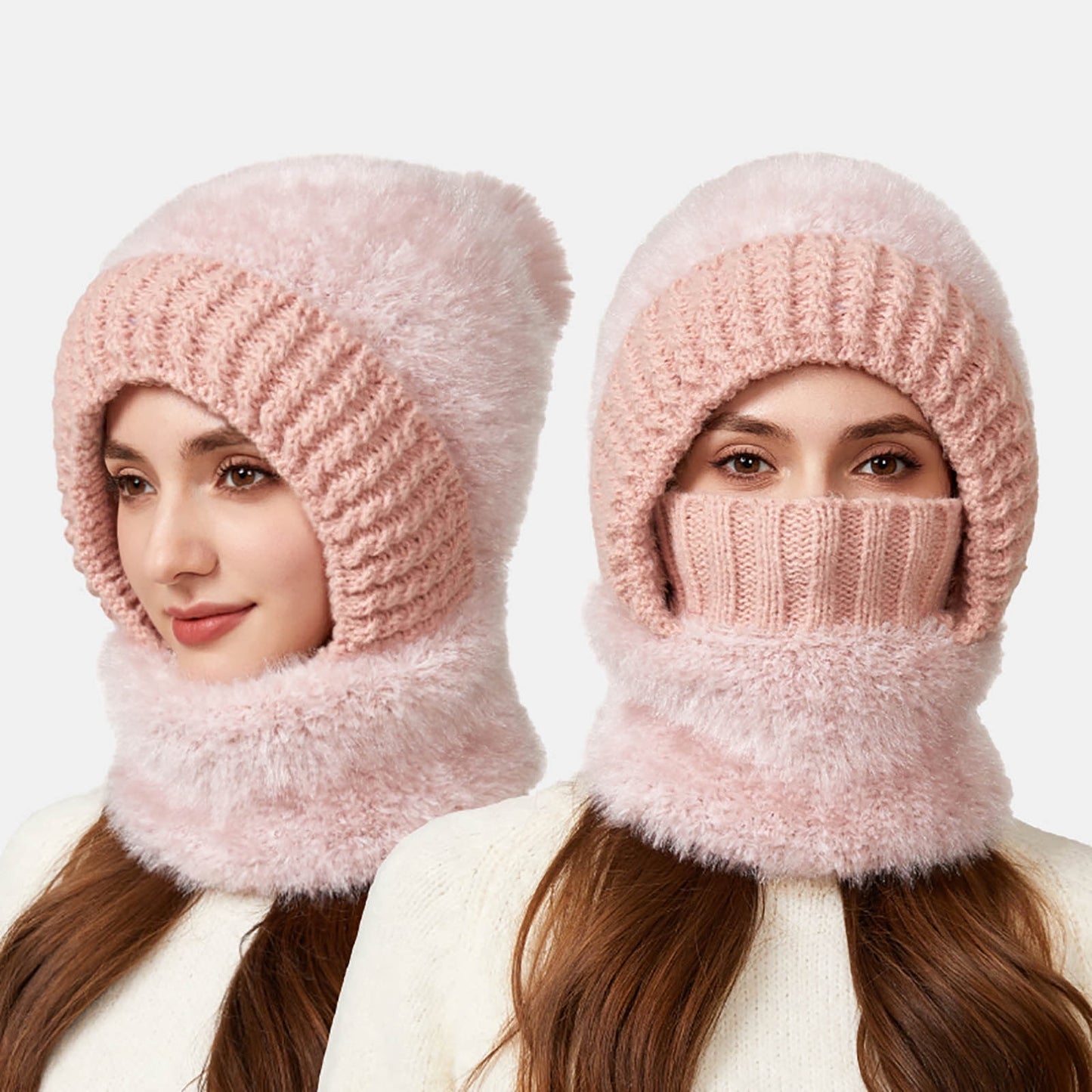 3 In 1 Hat Women Winter Beanie Hats One Piece Fleece Lined Knit Mask Set Skull Neck Circle Scarf Ski Snow Hat Pompom,Winter Knitwindproof Warmth For Women