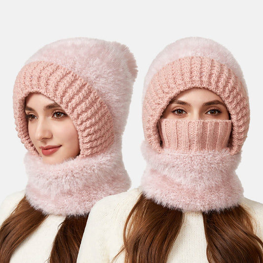 3 In 1 Hat Women Winter Beanie Hats One Piece Fleece Lined Knit Mask Set Skull Neck Circle Scarf Ski Snow Hat Pompom,Winter Knitwindproof Warmth For Women