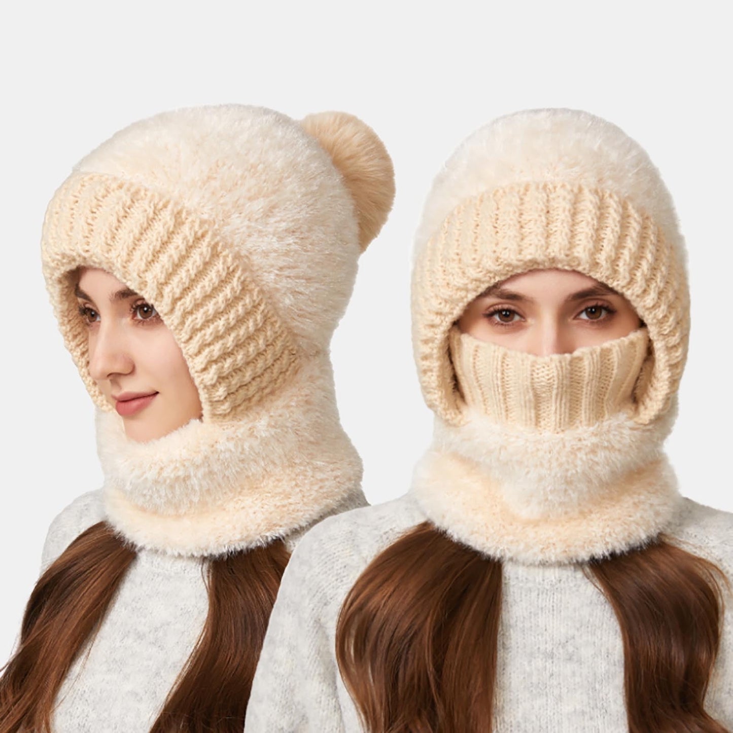 3 In 1 Hat Women Winter Beanie Hats One Piece Fleece Lined Knit Mask Set Skull Neck Circle Scarf Ski Snow Hat Pompom,Winter Knitwindproof Warmth For Women