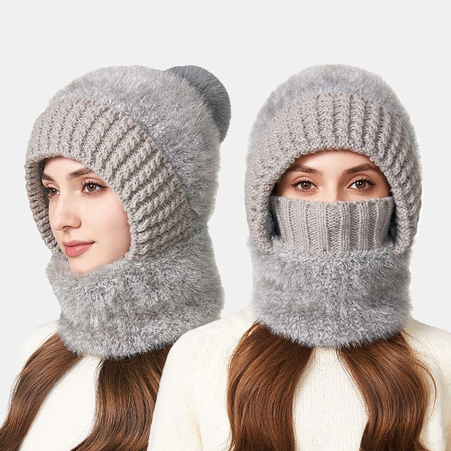 3 In 1 Hat Women Winter Beanie Hats One Piece Fleece Lined Knit Mask Set Skull Neck Circle Scarf Ski Snow Hat Pompom,Winter Knitwindproof Warmth For Women