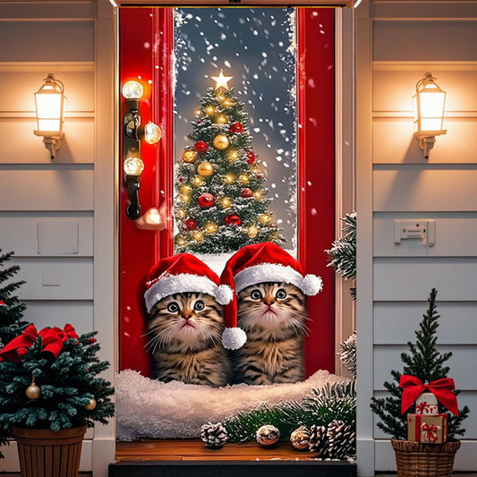 35X71In Christmas Door Cover - Dwarf/Santa Claus/Christmas Tree/Garland/Snowman Christmas Door Decorations,Merry Christmas Front Door Decorations,Holiday Party Christmas Decorations Indoor & Outdoor