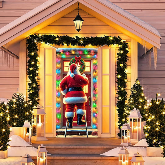 35X71In Christmas Door Cover - Dwarf/Santa Claus/Christmas Tree/Garland/Snowman Christmas Door Decorations,Merry Christmas Front Door Decorations,Holiday Party Christmas Decorations Indoor & Outdoor
