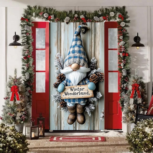35X71In Christmas Door Cover - Dwarf/Santa Claus/Christmas Tree/Garland/Snowman Christmas Door Decorations,Merry Christmas Front Door Decorations,Holiday Party Christmas Decorations Indoor & Outdoor