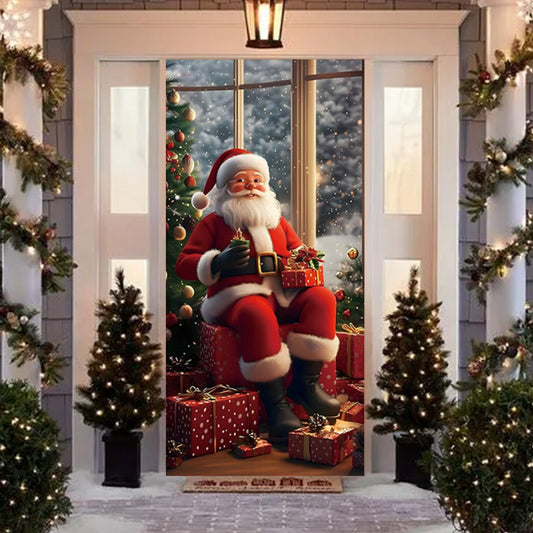 35X74 In Christmas Door Cover,Merry Christmas Door Banner,Red Christmas Front Door Cover,Christmas Day Door Wall Decor,Xmas Winter Seasonal Holiday Party Porch Wall Hanging New Year Entryway Decor
