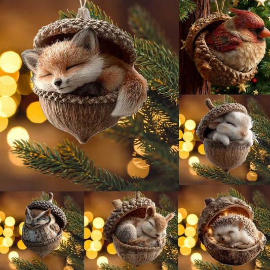 3D Forest Animal Acorn Ornaments ¨C Sleeping Cozy Forest Christmas Ornaments, Handcrafted Resin Hazelnut Ornaments, Forest Animal Christmas Ornaments,For Christmas Tree, Garland,Chritmas Gift