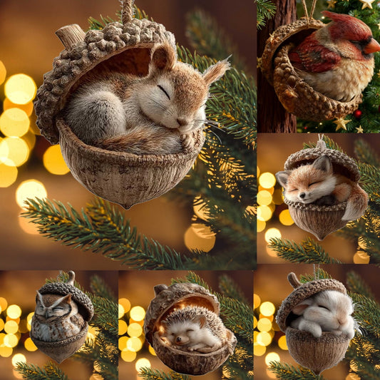 3D Forest Animal Acorn Ornaments ¨C Sleeping Cozy Forest Christmas Ornaments, Handcrafted Resin Hazelnut Ornaments, Forest Animal Christmas Ornaments,Sleeping Fox, Owl, Raccoon, Bunny & Hedgehog