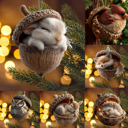 3D Forest Animal Acorn Ornaments ¨C Sleeping Cozy Forest Christmas Ornaments, Handcrafted Resin Hazelnut Ornaments,Gift Forest Animal Christmas Ornaments,For Christmas Tree, Garland, Wreath & Tabletop