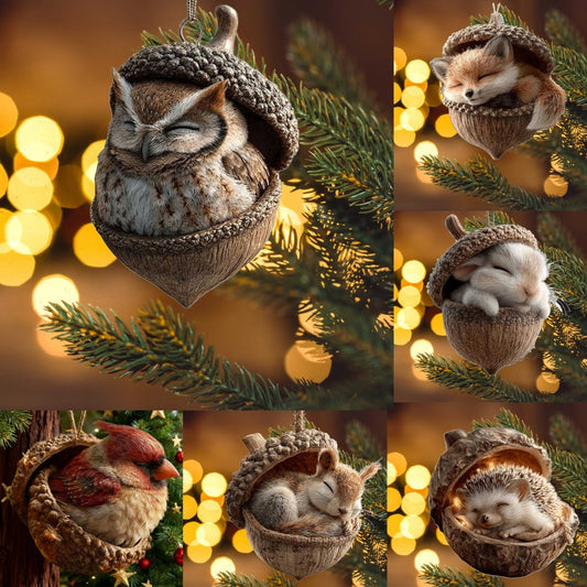 3D Forest Animal Acorn Ornaments ¨C Sleeping Cozy Forest Christmas Ornaments, Handcrafted Resin Hazelnut Ornaments,Gift Forest Animal Christmas Ornaments,For Christmas Tree, Garland, Wreath & Tabletop