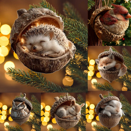 3D Forest Animal Acorn Ornaments ¨C Sleeping Cozy Forest Christmas Ornaments, Handcrafted Resin Hazelnut Ornaments,Gift Forest Animal Christmas Ornaments,For Christmas Tree, Garland, Wreath & Tabletop