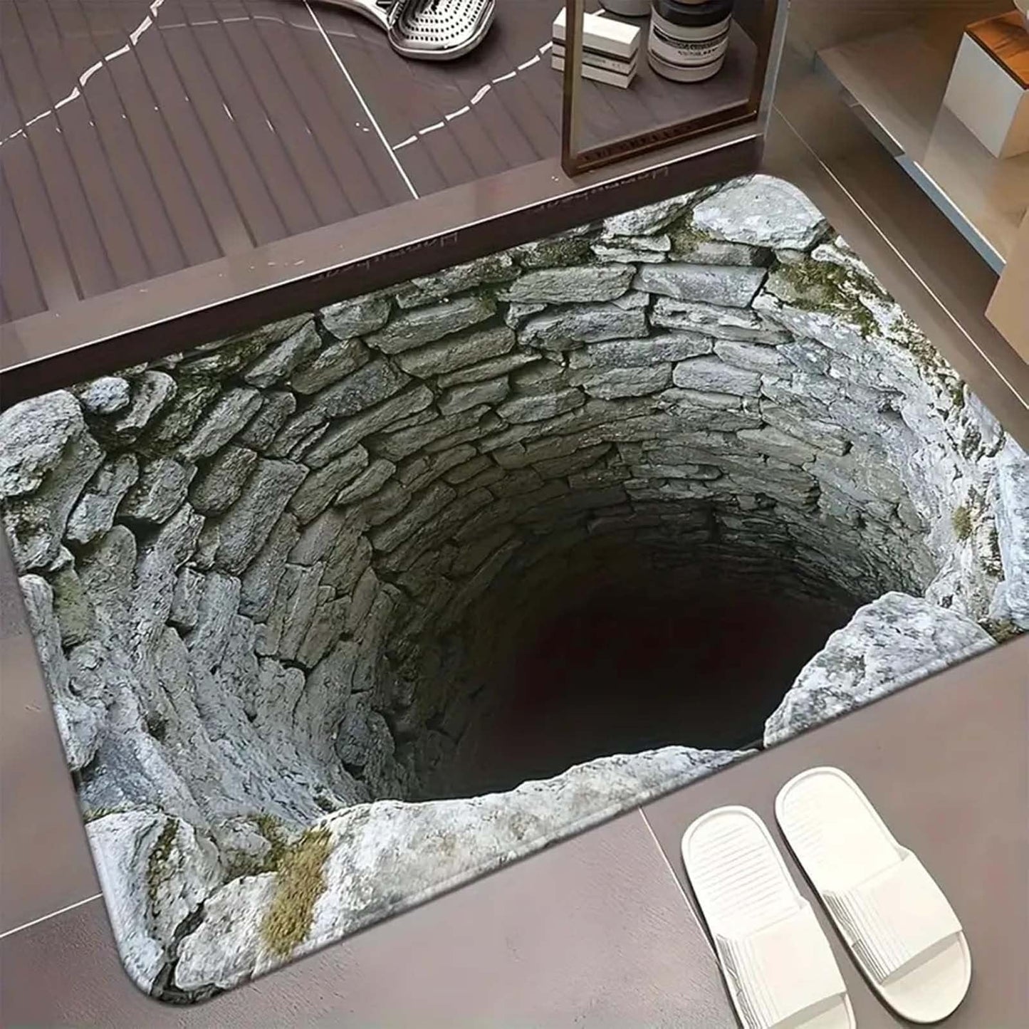 3D Rugs Optical Illusion,3D Hole Rug That Looks Like A Hole,Dog Gets Scared Of 3D Carpet, As Test & Game With Your Cat Or Dog,Visual Diatomite Mud Entrance Door Mat Waterproof Bathroom Floor Mat