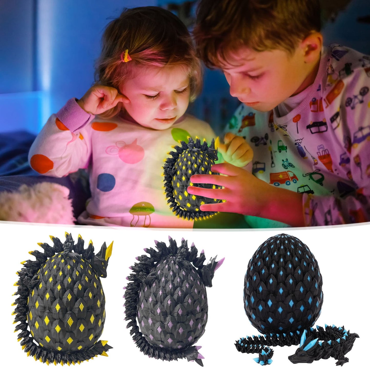 3PCS 3D Printed Dragon Eggs with Dragon Inside, Articulated Crystal Dragons in Egg, Glow in The Dark Flexible Animals for Home Office Desk Decor, Halloween and Christmas gifts