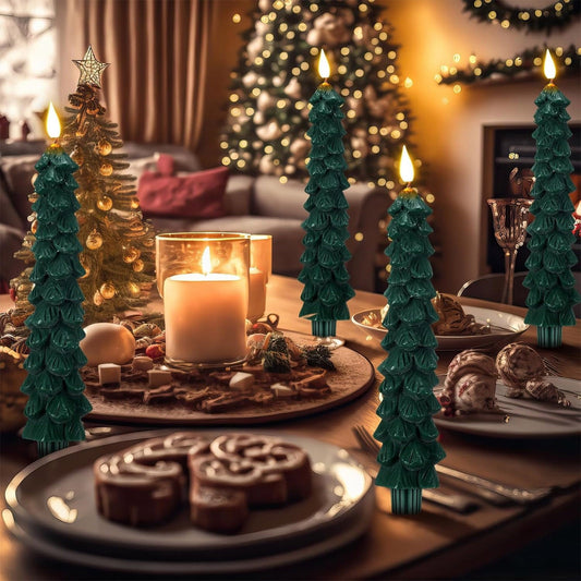 3Pc Christmas Tree Candles With Remote Control And Timer,Led Taper Candles Flickering,Christmas Candle Light Ornament,Battery Operated Flameless Candles With 3D Wick,Green Candle Fireplace And Home