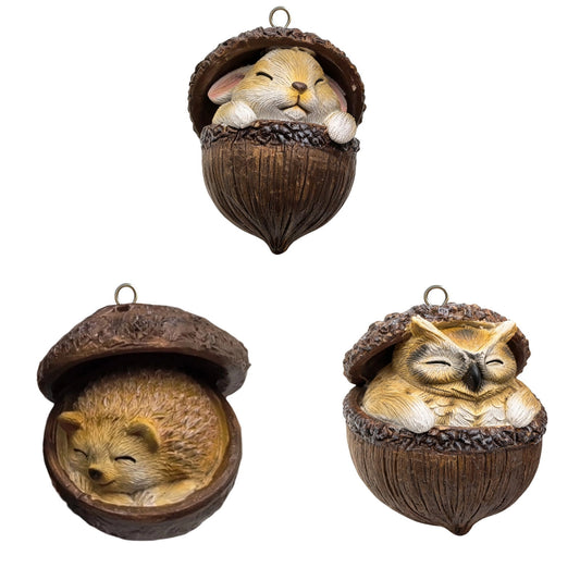 3Pc-Hedgehog+Rabbit+Owl 3D Forest Animal Acorn Ornaments ¨C Sleeping Cozy Forest Christmas Ornaments, Handcrafted Resin Hazelnut Ornaments, Forest Animal Christmas Ornaments
