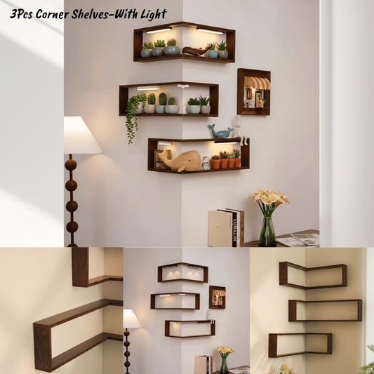 3Pc With Light Corner Shelf Wall Mount,Room Decor Aesthetic,Wall Mounted Storage Corner Shelves For Room Wall,Floating Corner Bookshelf,Plant Shelf For Bedroom,Living Room,Bathroom,Home Office