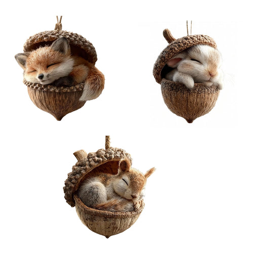 3Pc-Rabbit+Fox+Squirrel 3D Forest Animal Acorn Ornaments ¨C Sleeping Cozy Forest Christmas Ornaments, Handcrafted Resin Hazelnut Ornaments, Forest Animal Christmas Ornaments