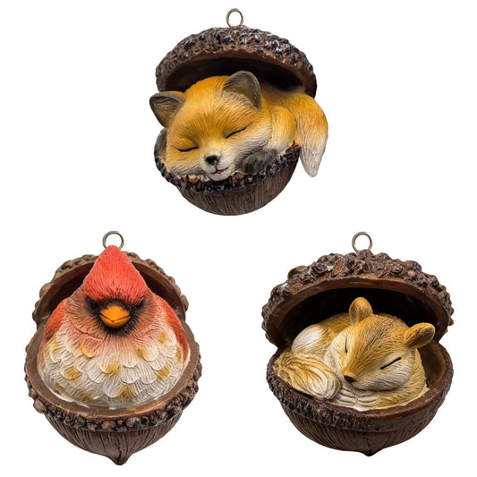 3Pc-Red Bird+Fox+Squirrel 3D Forest Animal Acorn Ornaments ¨C Sleeping Cozy Forest Christmas Ornaments, Handcrafted Resin Hazelnut Ornaments, Forest Animal Christmas Ornaments