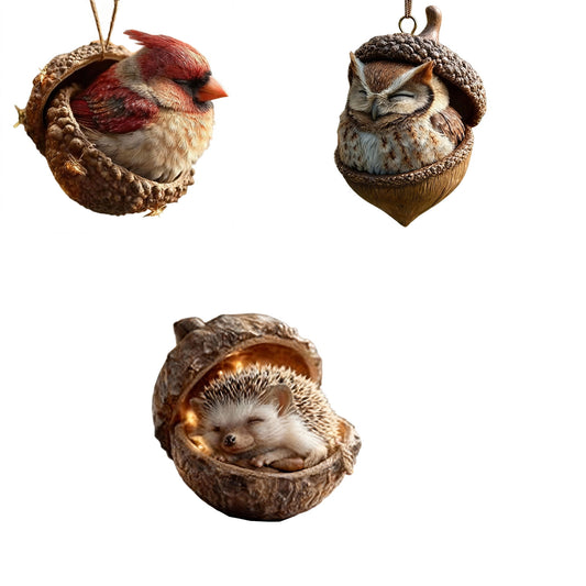 3Pc-Red Bird+Owl+Hedgehog 3D Forest Animal Acorn Ornaments ¨C Sleeping Cozy Forest Christmas Ornaments, Handcrafted Resin Hazelnut Ornaments, Forest Animal Christmas Ornaments