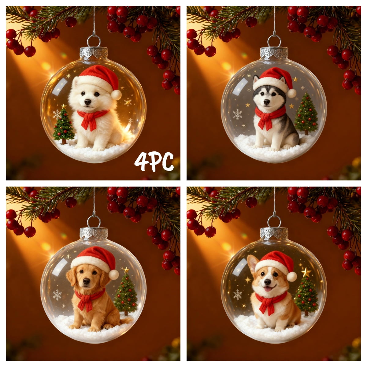 4Pc 3.15In Christmas Animals Balls Ornaments-Sports/Music/Animals,Hanging Loop Piano Guitar,Snow Scene Ball, Transparent Christmas Ball,Animals Ornaments For Christmas Tree Ornaments,Home Party Decor