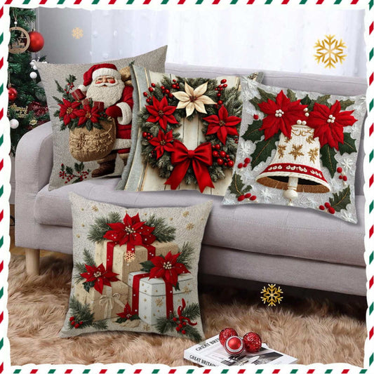 4Pc Snowman Pillow Covers Square Christmas Throw Pillow Covers 18''X18'' Linen Xmas Deer & Snowman Plaid Cushion Cover Decorative Square Pillowcases With Invisible Zipper For Living Room Sofa Bedroom