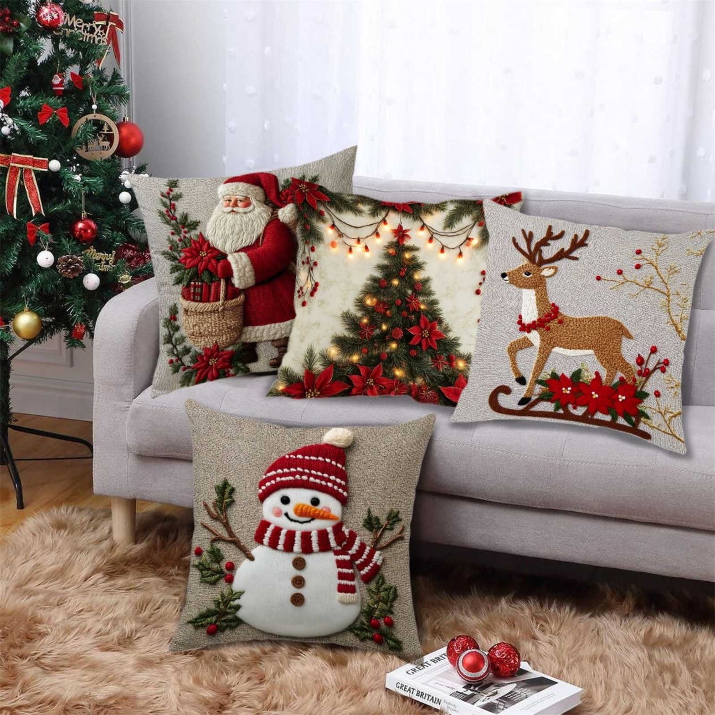 4Pc Snowman Pillow Covers Square Christmas Throw Pillow Covers 18''X18'' Linen Xmas Deer & Snowman Plaid Cushion Cover Decorative Square Pillowcases With Invisible Zipper For Living Room Sofa Bedroom