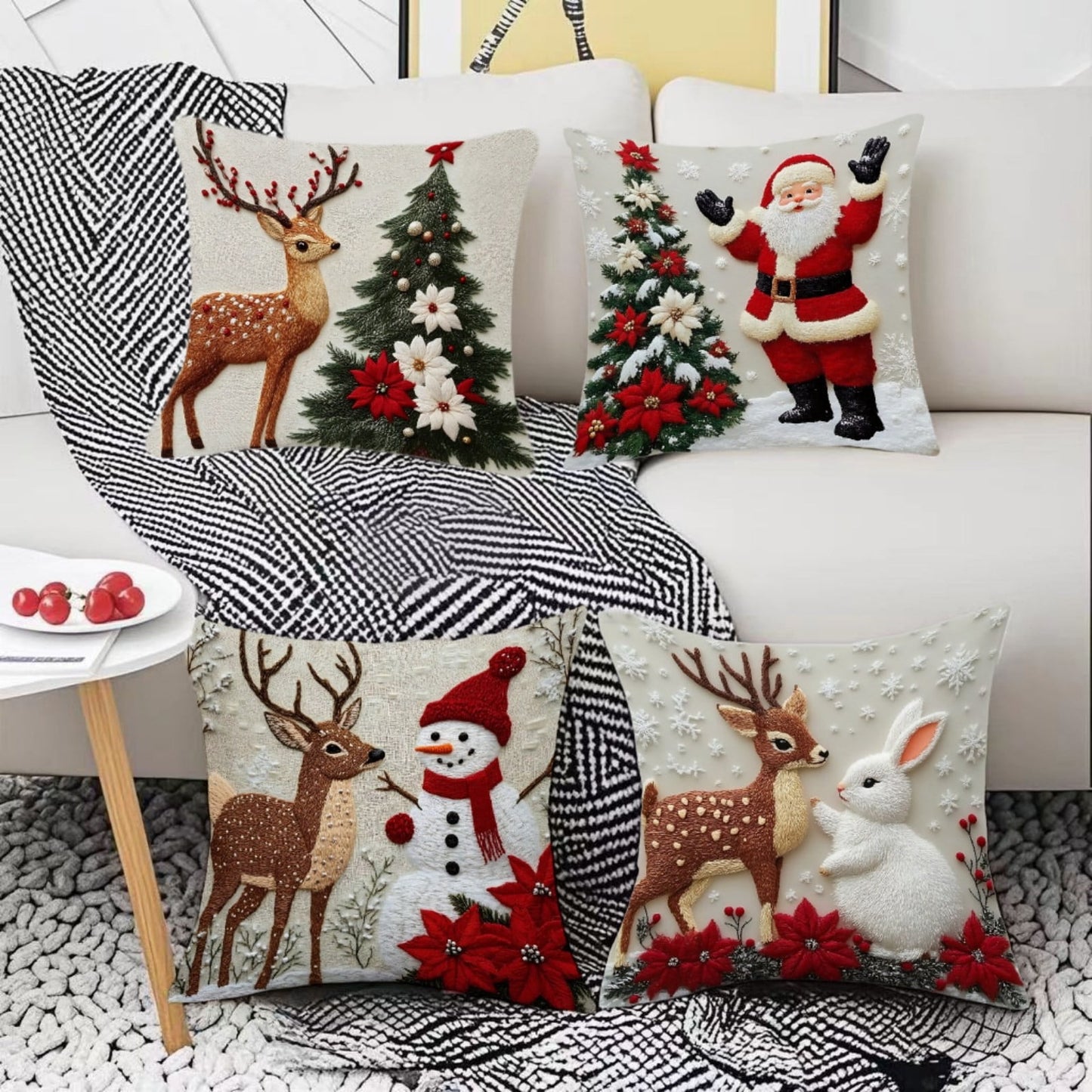 4Pc Snowman Pillow Covers Square Christmas Throw Pillow Covers 18''X18'' Linen Xmas Deer & Snowman Plaid Cushion Cover Decorative Square Pillowcases With Invisible Zipper For Living Room Sofa Bedroom