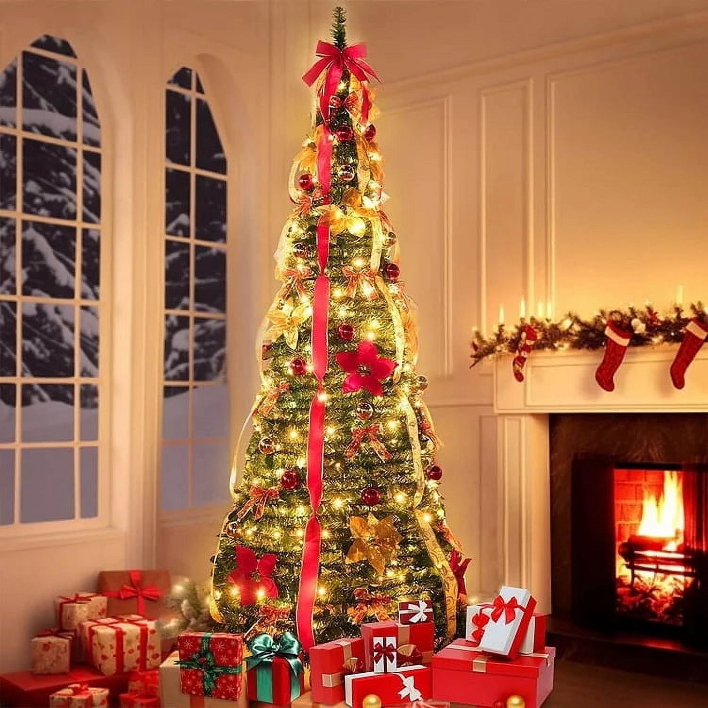 5Ft Collapsible Christmas Tree Pop Up Christmas Tree,Popup Christmas Trees,Pre-Decorated Xmas Tree With 200 Warm Lights,Pop Up Christmas Tree For Home Party Holiday Decorations