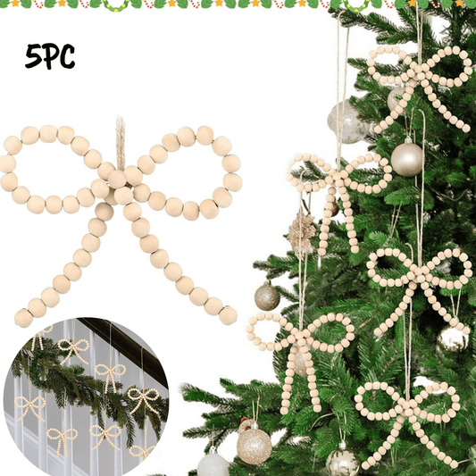 5Pcs Christmas Tree Wood Beads Bow Ornaments,Boho Christmas Decor,Boho Christmas Tree Ornaments,Farmhouse Wooden Beads Xmas Decor Natural Modern Xmas Decorative For Winter Party Decor