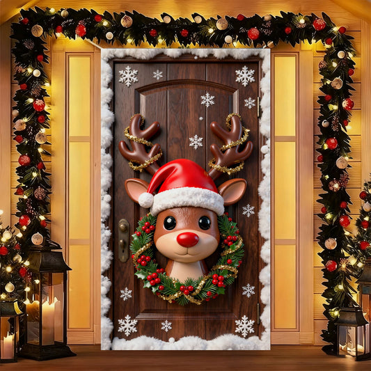 6Ft X 3Ft Christmas Door Cover Reindeer Decorations, 6Ft X 3Ft Cute Front Door Xmas Decorations,Front Door Christmas Decorations, Festive Fabric Door Covers Photo Booth Props