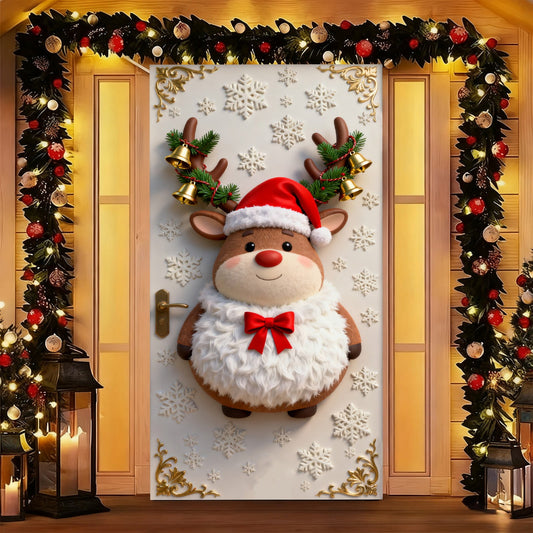 6Ft X 3Ft Christmas Door Cover Reindeer Decorations, 6Ft X 3Ft Cute Front Door Xmas Decorations,Front Door Christmas Decorations, Festive Fabric Door Covers Photo Booth Props