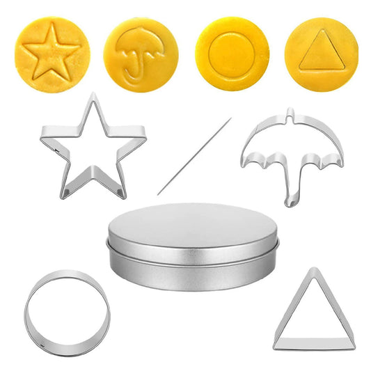 6PCS Korean Sugar Candy Making Tools, Stainless Steel Cookie Cutters Biscuit Molds, Sugar Game Kit, Umbrella Triangle Star Round Baking Cake Molds for Party Sugar Game Cookie