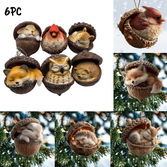 6Pc 3D Forest Animal Acorn Ornaments ¨C Sleeping Cozy Forest Christmas Ornaments, Handcrafted Resin Hazelnut Ornaments, Forest Animal Christmas Ornaments,For Christmas Tree, Garland, Wreath & Tabletop